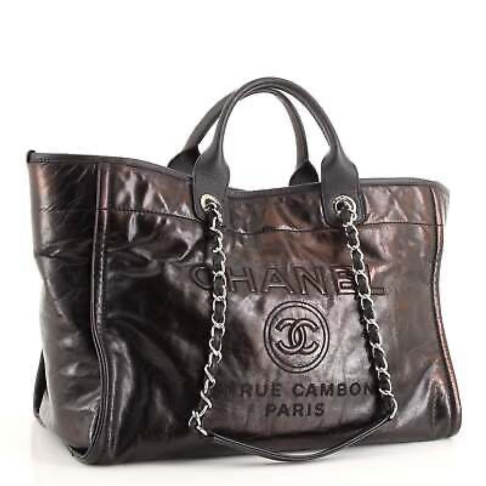 Chanel calfskin large Deauville shopper tote on black rare